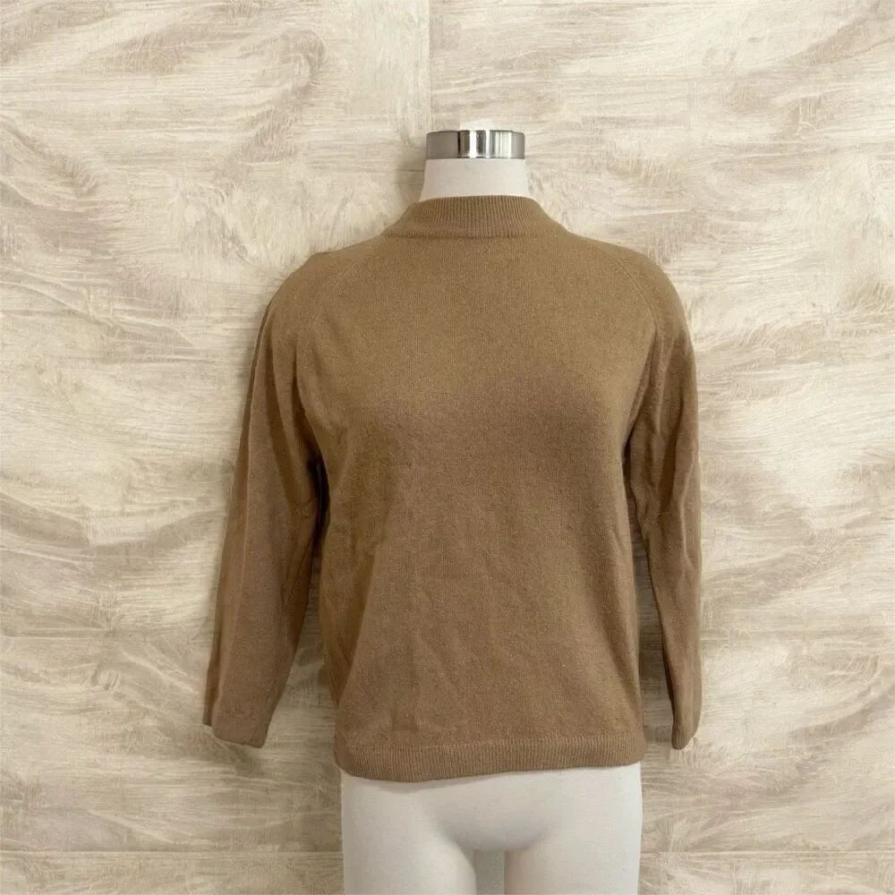 Vintage 1970s Tan Mock Neck Zipper Turtleneck Sweater Medium